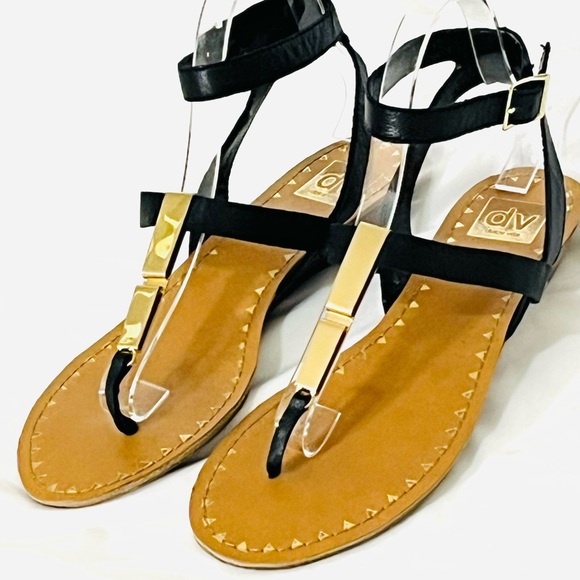 DV by Dolce Vita Shoes - Dolce Vita Vasni Black with Metal Plated T-Strap Sandals Size 8.5